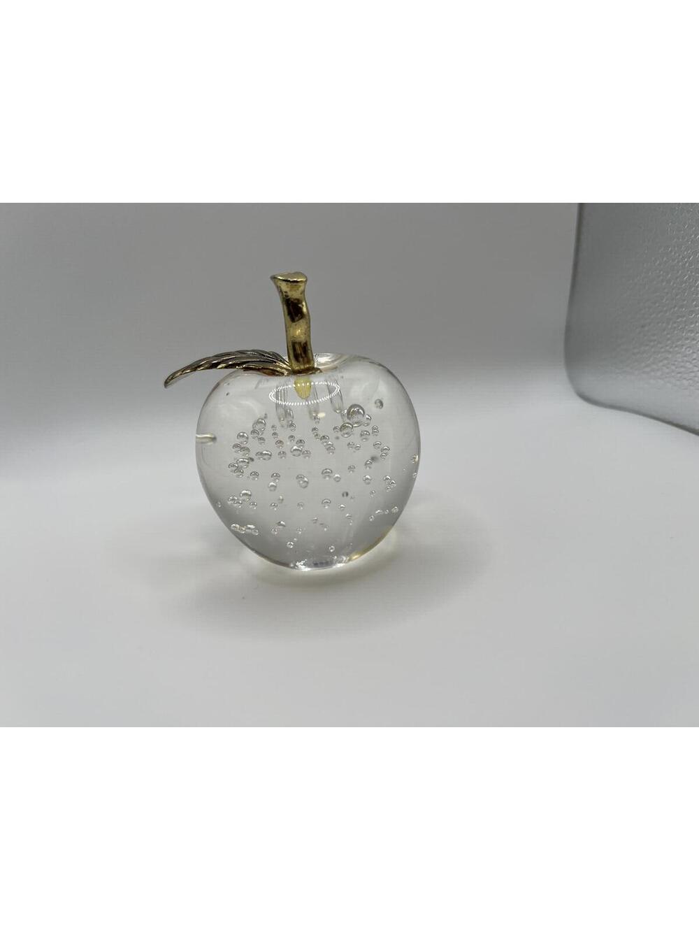 Vintage Clear Art Glass Bubble Apple Paperweight Gold Stem